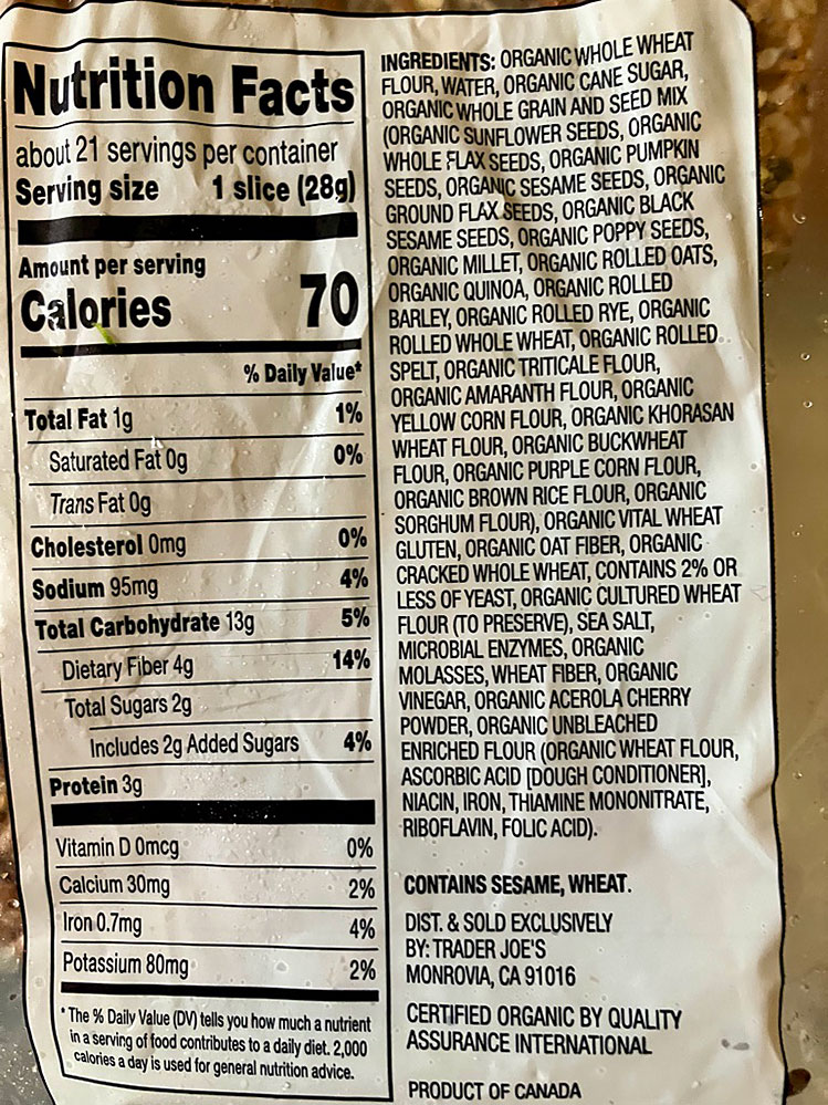 Nutrition facts label for a food product, detailing ingredients, serving size, calories, and nutrient information.