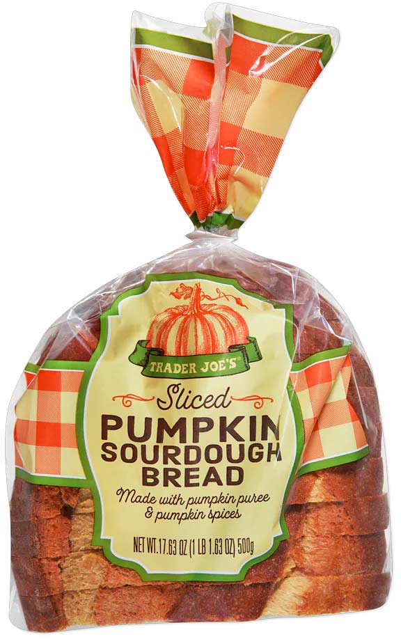 A package of Trader Joe's sliced pumpkin sourdough bread featuring an illustration of a pumpkin and a label indicating it's made with pumpkin puree and spices.